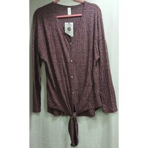 IUGA Women's XL Long Sleeve Purple V-Neck Button Front Tie Ribbed Top Stretch
